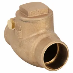 Bronze inline swing check valve with 1-1/2 in pipe size and sweat x sweat connections. Standard pattern body designed to prevent backflow in piping systems. Suitable for water, oil, gas, and steam applications where flow reversal must be avoided.