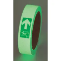 Vinyl floor marking tape with glow-in-the-dark properties, featuring a green 'Exit Right' message on a white background. Measures 1 inch wide by 30 feet long. Designed for emergency egress path marking in low-light conditions