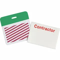 White vinyl clip-on ID badge with red legend. Each badge measures 2 inches in height and 3 inches in width. Supplied in a 500-pack. Used for personnel identification in industrial and job site settings.