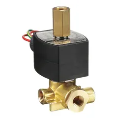 This 3-way/2-position solenoid valve is configurable for normally open, normally closed, or universal operation. It features a 1/4 in pipe size, 24V DC voltage, and a watertight coil enclosure suitable for washdown or outdoor environments. Typical applications include controlling air, water, or light oil in industrial automation and process control systems.