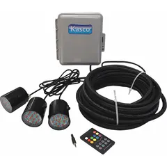 This KASCO fountain lighting system includes three LED bulbs with a total power of 5 W, operating at 120V AC. It comes with a 100 ft cord length for flexible installation. Designed for underwater illumination in decorative ponds, fountains, and water features.
