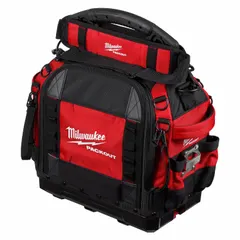This polyester tool bag in black/red measures 10 in W x 16 in D x 19 3/4 in H and features 57 inside pockets for organizing hand tools, power tools, and accessories. The wide-mouth opening allows quick access, and the removable shoulder strap facilitates transport. It integrates with the PACKOUT modular storage system for stacking and mobility on job sites.