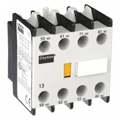 Front-mounted auxiliary contact block for use with contactors and relays in industrial control systems. Provides one normally open and three normally closed circuits rated for 2.5 A maximum AC current. Suitable for adding auxiliary switching capacity in motor control and automation applications.