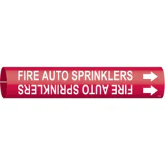 Red snap-on pipe marker with white legend reading 'Fire Auto Sprinklers' and directional arrows. Fits pipe outer diameters from 1-1/2 to 2-3/8 inches. Used to identify fire sprinkler piping in industrial and commercial facilities for quick recognition by maintenance and safety personnel.