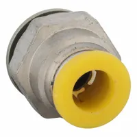 Nickel-plated brass push-to-connect adapter fitting with BSPP thread. Connects 6 mm OD tubing to 1/8 in BSPP ports. Silver finish. Used in pneumatic or fluid systems for tool-free assembly