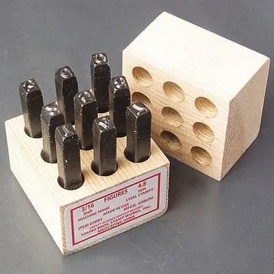 YOUNG BROS. STAMP WORKS Hand Stamp Kit: 0 thru 9 (6 doubles as 9), 1/8 in Character Ht - Sharp-Face Hand Stamps