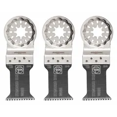 Set of three Starlock mounted blades for precision cutting of plastic. Each blade has an overall length of 3 13/16 in. Suitable for flush cuts and detail work in plastic sheets, pipes, or panels when used with compatible oscillating tools.