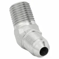 This rigid 45° elbow adapter connects male NPTF threads to male JIC threads in hydraulic systems. It is used to change direction and adapt between thread types in fluid power applications, such as industrial machinery and mobile equipment. Made of steel
