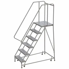 This assembled aluminum weight-actuated ladder features a 5 ft platform height and includes handrails. The perforated steps and gray finish provide a slip-resistant surface. Its weight-actuated casters lock when stepped on, making it suitable for elevated access in warehouses, stockrooms, and industrial facilities.
