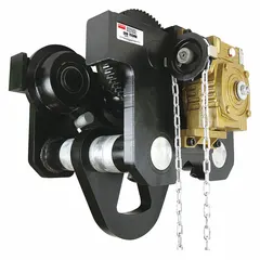 This geared trolley is designed to move hoists along tapered beams in heavy industrial lifting applications. It features a steel trolley frame and supports hoist loads up to 60,000 lb. Suitable for use in manufacturing, warehousing, and construction environments where precise load positioning is required.