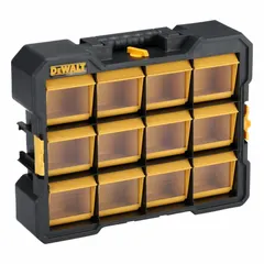 Plastic tool organizer box with 12 compartments for storing small parts, fasteners, and hand tools. Features a keyed latch for secure closure. Black and yellow color scheme. Dimensions: 3 7/8 in width, 17 3/4 in depth, 13 7/8 in height.
