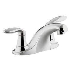 Centerset bathroom faucet with low arc spout from the Coralais® series. Constructed of zinc with a polished chrome finish. Flow rate is 0.5 gallons per minute. Uses NPS connections. Suitable for residential and commercial bathroom sinks.