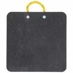 Square outrigger pad made of black HDPE, measuring 18 inches in length and width with a 1-inch thickness. Used to distribute load and provide stable support for outrigger equipment such as cranes and aerial lifts, protecting ground surfaces from damage.