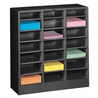 This steel literature sorter features 21 compartments for organizing mail, documents, and small parts. Overall width is 30 5/8 inches and overall depth is 24 inches. Suitable for office, mailroom, and industrial sorting applications