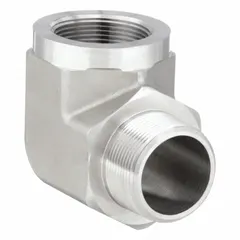 This 90° pipe elbow is used to change fluid direction in high-pressure piping systems. It features a 1 1/4 in male NPT threaded end and a 1 1/4 in female NPT threaded end, rated for 1,500 psi. Typical applications include hydraulic, pneumatic, and process lines requiring reliable threaded connections.