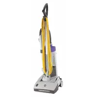 Corded upright vacuum with a brushed motor, 100 cfm air flow, and a 12-inch cleaning path. Standard bag model with mechanical clutch drive belt, 1-position head height adjustment, onboard hose, and upholstery tool. Suitable for routine carpet and hard floor cleaning in commercial facilities