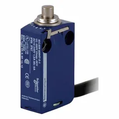 This top-mount plunger limit switch from the XCMD series features a non-metallic body and a plunger actuator with a maximum operating force of 8.5 N. It includes a removable cable connector for electrical connection. Used in industrial automation to detect the presence or position of moving parts.
