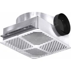Ceiling-mounted exhaust fan for removing moisture, odors, and airborne contaminants in bathrooms. Single-speed operation at 115V AC with 156 cfm maximum airflow and 2.5 sones noise level. Includes adjustable mounting brackets for installation; round duct connection.