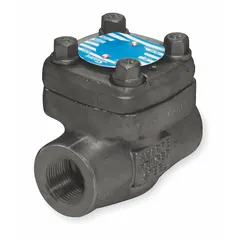 This SHARPE inline piston check valve features a stainless steel body with 1-inch FNPT female NPT connections. The spring-loaded piston design prevents backflow by closing when flow reverses, suitable for moderate-pressure industrial water, oil, and gas systems requiring one-way flow control.