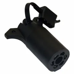 Plastic adapter converting a 7-Way Blade vehicle connector to a 4-Way Flat trailer plug. Used for connecting trailers with 4-Way Flat wiring to tow vehicles equipped with a 7-Way Blade socket. Suitable for fleet and vehicle maintenance applications requiring wiring conversion.