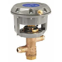 This 2-way diaphragm valve is constructed of brass with flare x flare connections. It features a single-acting spring return actuator with air-to-spring operation and a reinforced synthetic rubber diaphragm. Designed for on/off or throttling control of water in industrial piping systems.
