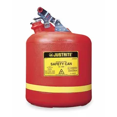 This 5-gallon Type I safety can is made of red polyethylene and features a single opening for filling and pouring. It is designed for the safe handling and storage of flammable liquids in industrial environments.