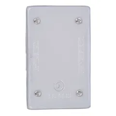 Gray aluminum and zinc weatherproof cover for FD/FS series boxes. Suitable for 1-gang configurations with horizontal or vertical mounting. Overall height 4-9/16 inches. Protects electrical connections in outdoor or damp locations.