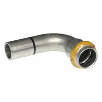 This APOLLO SmartPress fitting is a press-fit x FTG connector for gas piping systems. It features a stainless steel body and an HNBR seal for leak-tight connections. Used to create 90-degree turns in gas supply lines