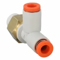 Polybutylene and brass push-fit tee fitting for branching pneumatic tubing lines. Connects a 1/16 in pipe to two 5/32 in OD tubes. Overall length 39 3/32 mm. White finish