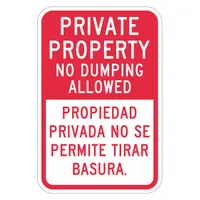 Aluminum sign with Diamond Grade retroreflective sheeting and mounting holes for installation. Bilingual text deters unauthorized dumping on private property. Suitable for marking boundaries at construction sites, farms, and industrial facilities