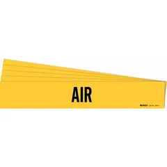 Yellow adhesive pipe marker with black legend 'Air' for identifying compressed air or pneumatic piping systems. Fits pipe outer diameters from 2-1/2 to 7-7/8 inches. Supplied in a 5-pack without arrows. Suitable for industrial facilities to indicate pipe contents and reduce misconnection risks.