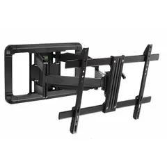 This full-motion television mount is constructed from steel with a black powder-coated finish. It accommodates screens from 42 to 90 inches and supports a maximum weight of 150 lb, with a 45° swivel. Mounting hardware is included. Suitable for wall-mounting flat-panel displays in settings where adjustable viewing angles are required.