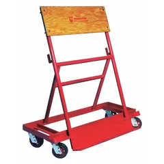 A-Frame panel truck with a red finish. Deck measures 43 in L x 22 3/4 in W x 47 in H, deck height 6 1/2 in. Equipped with (4) swivel casters for maneuverability. Used for transporting sheet goods and bulky loads in warehouses and industrial facilities.