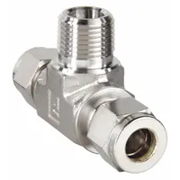 This double-ferrule compression tee fitting is made of stainless steel and accommodates three 1/2 in OD tubes. It is compatible with Parker A-LOK brand fittings. Typical applications include instrumentation and process systems where leak-free connections are required
