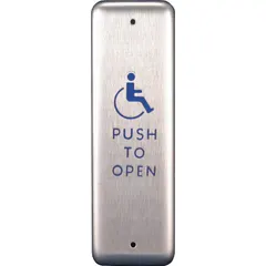Gray push-to-exit button with handicap logo and 'PUSH TO OPEN' text. Used to release doors from the inside in commercial or industrial facilities. Not ADA compliant.