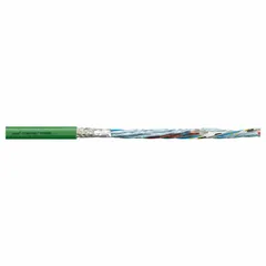 This servo motor feedback cable features a green PVC jacket and a conductor grouping of (5) 20 AWG plus a pair of 20 AWG. Rated at 50 V, it is ordered by the foot and does not include a ground conductor. With a minimum bend radius factor of 8 x OD for fixed installations and 12 x OD for flexible applications, it is suited for use in cable carriers, robotics, and machine tools where continuous flexing occurs.