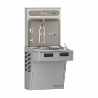 Non-refrigerated on-wall drinking fountain with integrated bottle filler. Gray granite-finish vinyl clad steel housing. Bottom panel access for filter maintenance. Suitable for commercial or institutional settings requiring a bottle-filling station