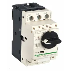 The SCHNEIDER GV2P21 is a non-reversing manual motor starter with integrated thermal overload protection, rated for 23 A and 600V AC. This 3-pole unit features a 45mm frame width and a selector switch for manual on/off control. No external thermal units are required as protection is built-in. Typical applications include starting and protecting single-speed motors in industrial machinery such as conveyors, pumps, and fans.
