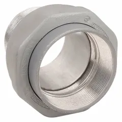 Straight union for connecting conduit to an enclosure or box. Features a 1-1/4 in FNPT female end and a 1-1/4 in MNPT male end. Made of aluminum with a powder-coated finish. Suitable for use in electrical conduit systems requiring a threaded, corrosion-resistant joint.