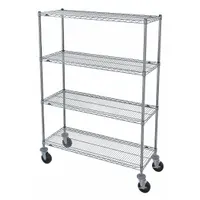 Mobile wire shelving unit for dry use with 4 silver shelves, chrome round steel posts, and two swivel casters with rubber wheels and donut bumpers. Suitable for organizing and transporting supplies in commercial or industrial storage areas