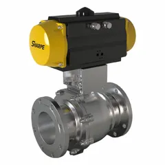 This pneumatically-actuated two-way ball valve is constructed of CF8M stainless steel with 2-inch flange x flange connections. It is designed for on/off flow control of liquids and gases in industrial piping systems, suitable for corrosive environments. The valve does not include a pilot solenoid voltage.