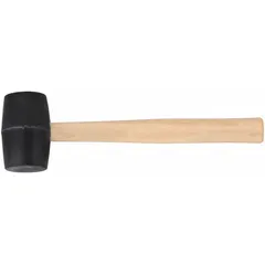 Round black rubber mallet with a wood handle. Head weight 16 oz, diameter 2-1/8 in, head length 3-7/8 in, overall length 13 in. Used for striking surfaces without marring, common in assembly, woodworking, and metalworking tasks such as seating parts or forming sheet metal.