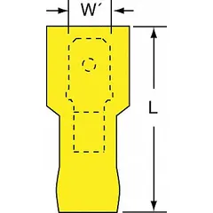 Fully insulated male tab quick disconnect with yellow nylon full-coverage insulation. Designed for 12 AWG to 10 AWG wire sizes. Used for fast, secure electrical connections in control panels, automotive wiring, and appliance assembly.