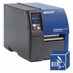 Single-color direct thermal/thermal transfer printer with maximum label width of 4 3/8 inches. Includes USB cable and Brady Workstation Product and Wire ID Software Suite for creating labels from a connected PC. Suitable for industrial labeling tasks such as wire and cable identification, component marking, and general facility labeling.