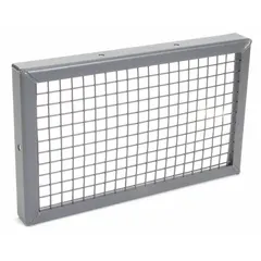 Steel outlet guard with baked enamel finish for use with compatible ventilation equipment. Features 1/2 in wire spacing to prevent accidental contact while allowing airflow. Includes mounting hardware. OSHA compliant.