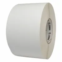 White smooth coated paper thermal transfer labels with acrylic adhesive, measuring 8 inches in height and featuring a 3-inch core diameter. Designed for industrial barcode printing applications such as product identification, asset tracking, and shipping labels in manufacturing, logistics, and warehousing environments