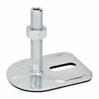 This male leveling mount features a swiveling stud for angled installation and a rectangular base with a Buna-N thrust pad for non-skid support. It includes a nut and mounting holes, with a load capacity of 2,698 lbf. Typical applications include leveling and stabilizing machinery, conveyors, and workstations