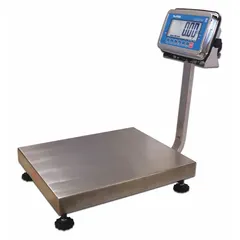 Bench scale with column-mounted indicator featuring a 15 3/4 in x 19 3/4 in stainless steel weighing surface. Readability of 0.05 lb. Equipped with RS-232 connection port. IP66 rated for dust and water resistance. Includes corded remote for remote operation. Suitable for industrial weighing applications.