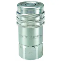 Steel-bodied hydraulic quick-connect coupling body for fluid power systems. Features 1/2"-14 thread size and maximum flow rate of 45.42 lpm. Used for rapid connection and disconnection of hydraulic lines in mobile equipment and industrial machinery
