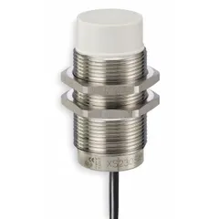Inductive cylindrical proximity sensor with non-terminated cable, unshielded, and normally open (NO) output. Accepts dual supply voltages of 24-240V AC and 24-240V DC. Suitable for non-contact detection of metallic objects in industrial automation applications such as position sensing and part detection.